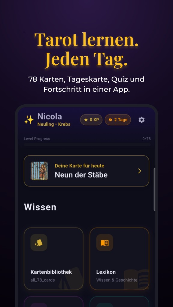 Tarot lernen App Startseite
