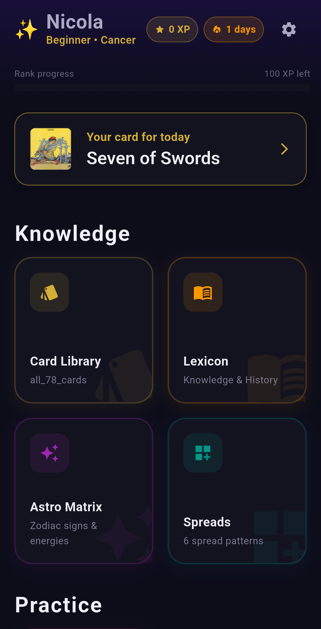 Learn Tarot app home screen