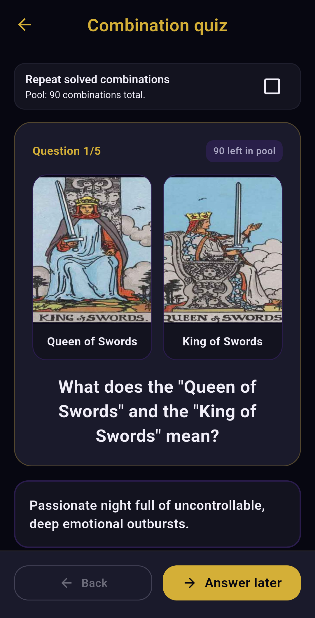 Learn Tarot app practice screen